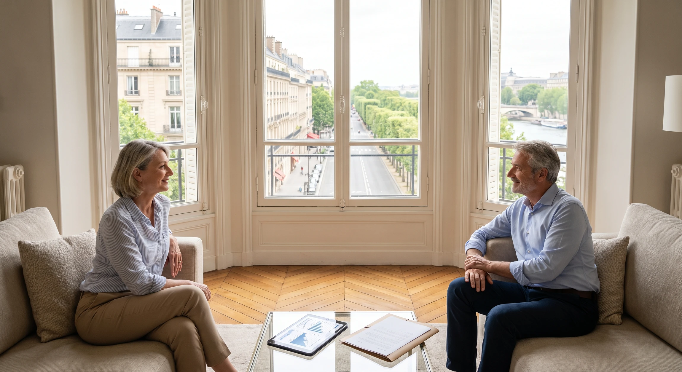 Photographie réaliste d'un homme et une femme d'âge mûr (50-65 ans) assis confortablement dans un salon lumineux, contemplant ensemble une vue panoramique par la fenêtre (paysage urbain ou rural selon le contexte). L'atmosphère doit évoquer la sérénité, la confiance et la planification future. Un document ou une tablette contenant des graphiques financiers peut être présent sur la table basse, symbolisant l'accompagnement patrimonial. La composition doit transmettre la tranquillité d'esprit et la préparation réfléchie de la retraite à travers l'investissement immobilier.
